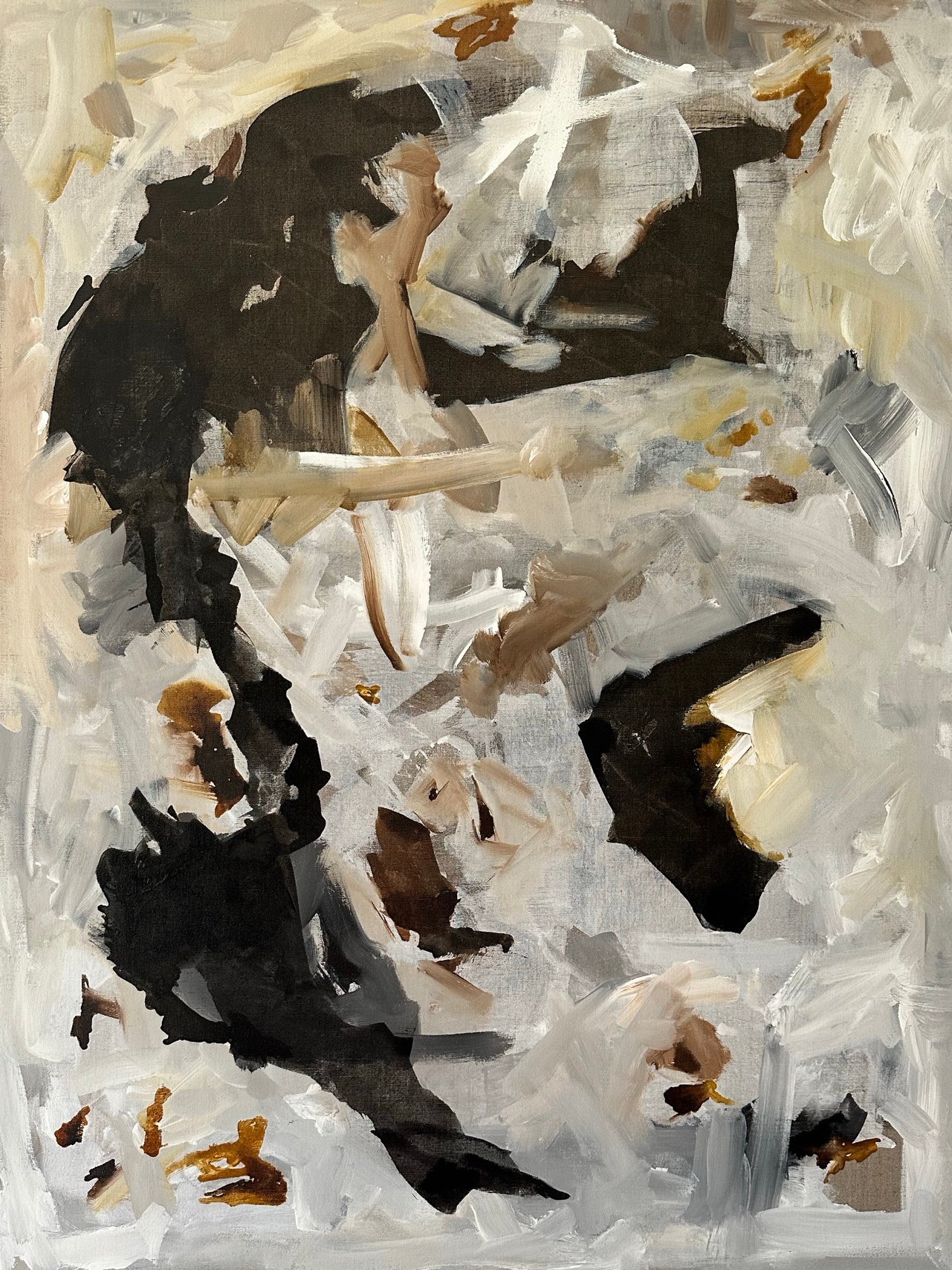 Abstract expressionist painting in black, brown, grey, beige and white with gestural brushstrokes - cropped front view
