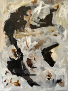Abstract expressionist painting in black, brown, grey, beige and white with gestural brushstrokes - cropped front view