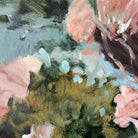 Close-up detail of soothing abstract painting in painterly gestural style in green. blue and brown tones