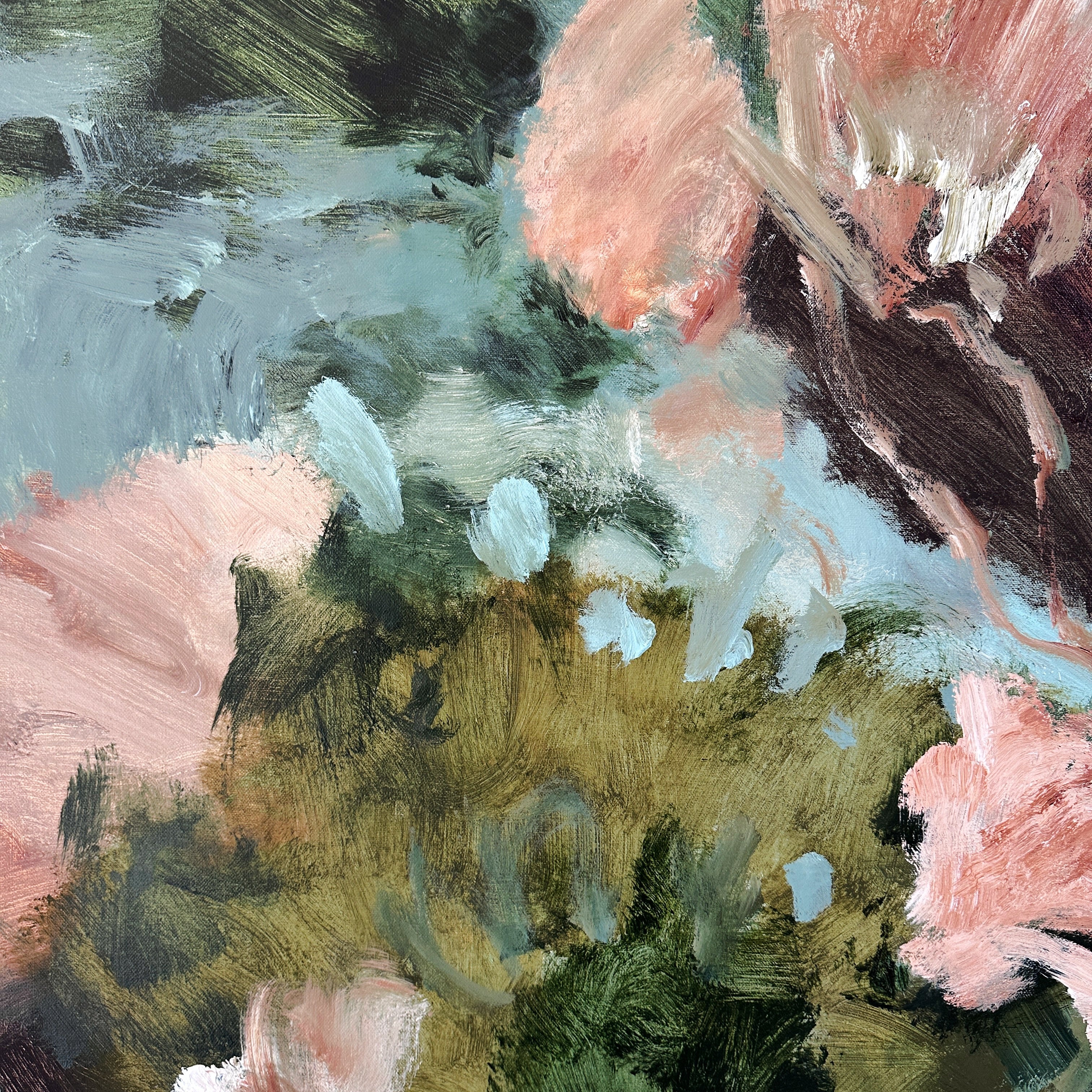 Close-up detail of soothing abstract painting in painterly gestural style in green. blue and brown tones