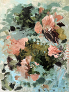 Abstract painting of flowers with green, terracotta, brown and light blue  tones