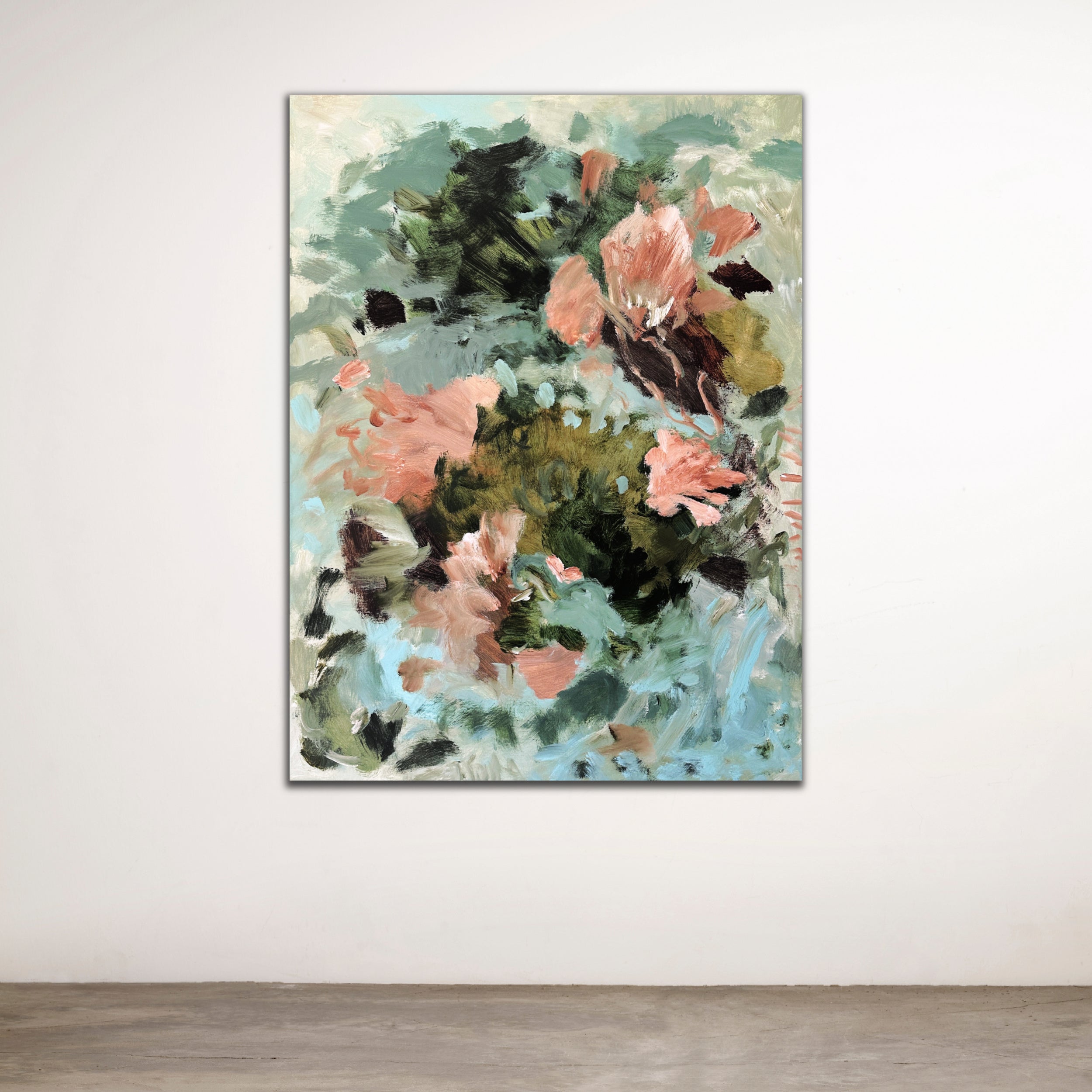 Painterly abstract floral artwork with expressive style hanging on a white wall