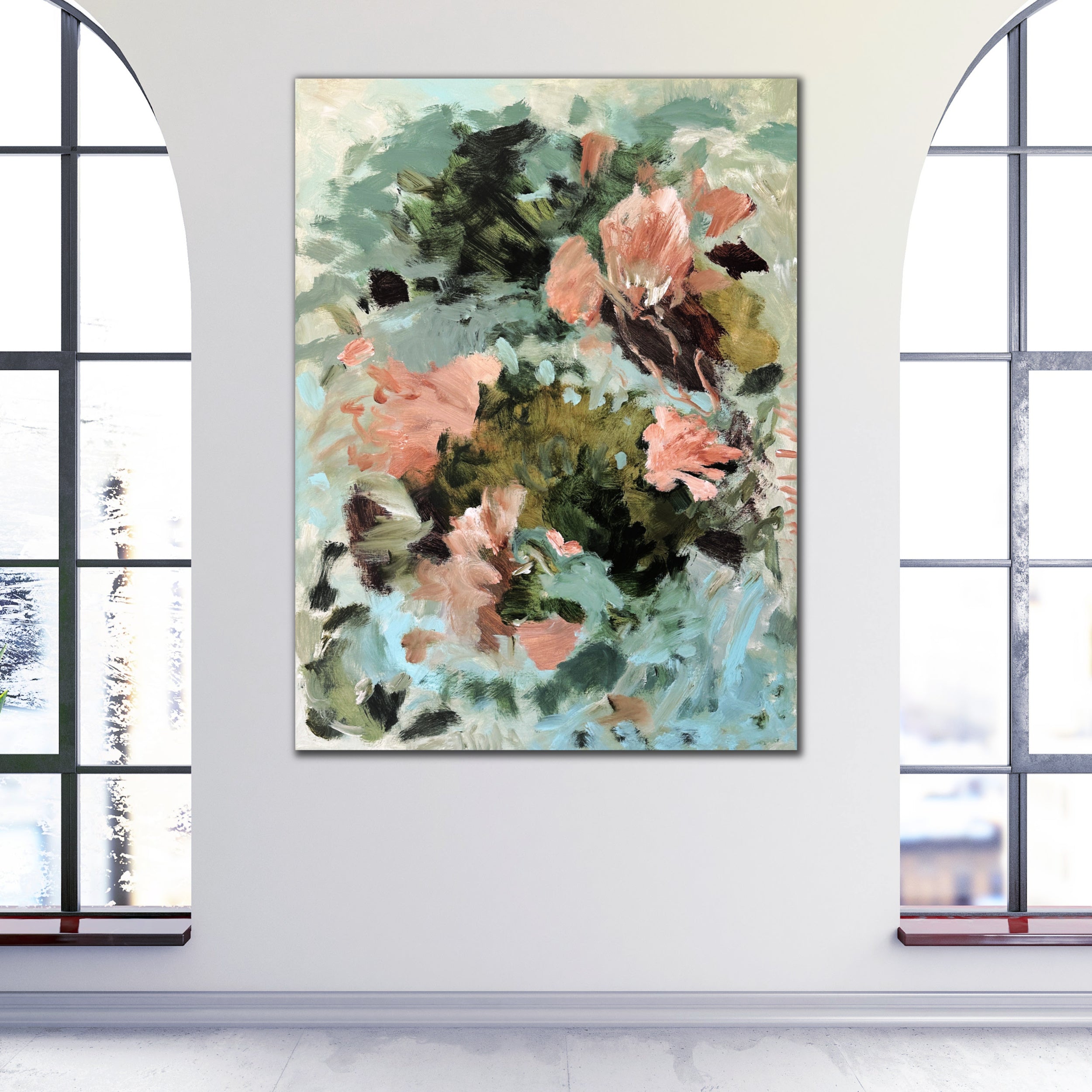 Contemporary floral painting hanging on a wall with large windows 