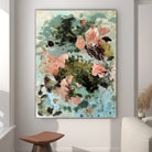 Gestural, abstract painting inspired by nature and flowers hanging in a modern living room setting