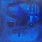 Blue contemporary abstract painting on canvas in an expressive, minimalist style - cropped front view