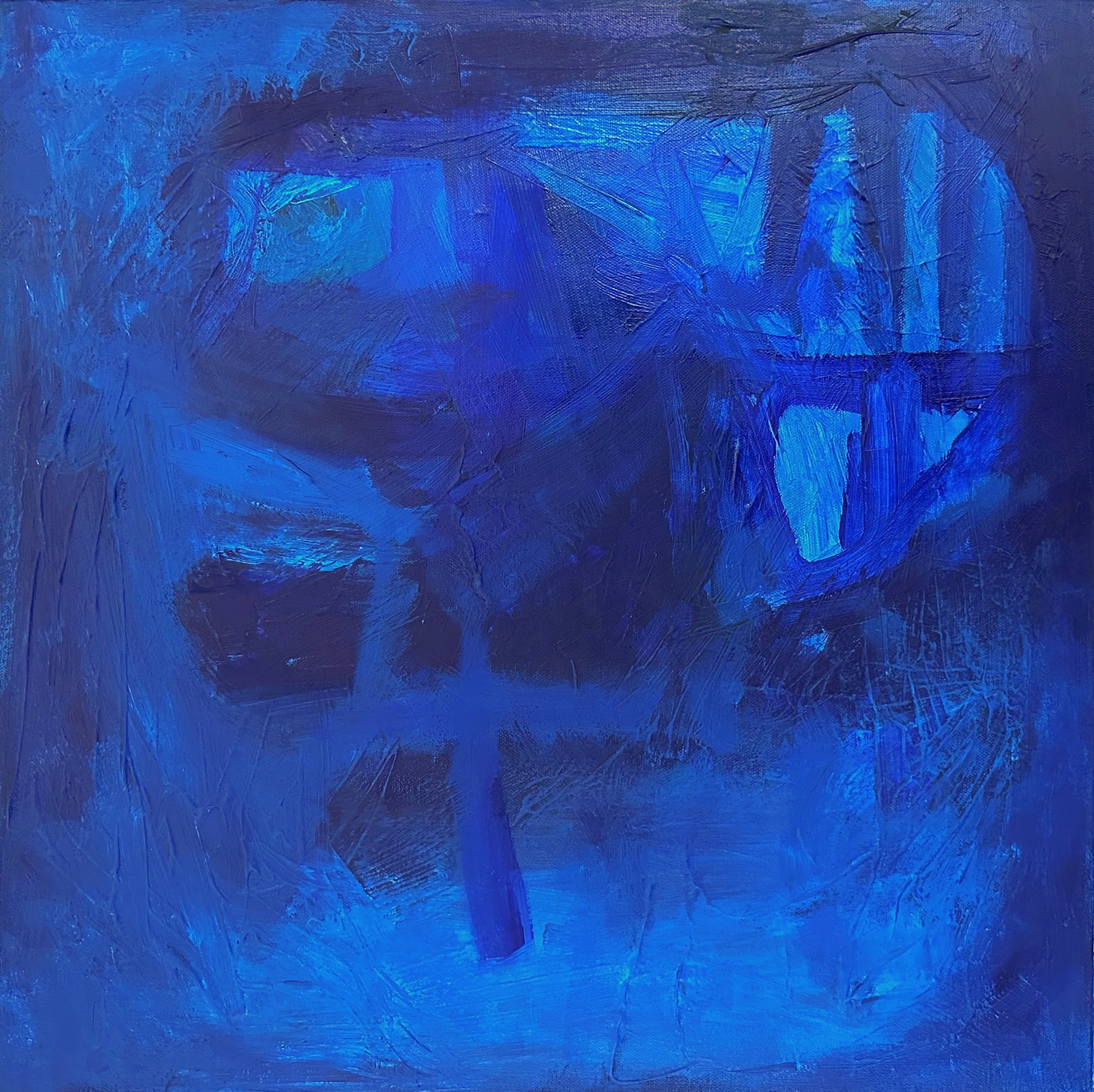 Blue contemporary abstract painting on canvas in an expressive, minimalist style - cropped front view