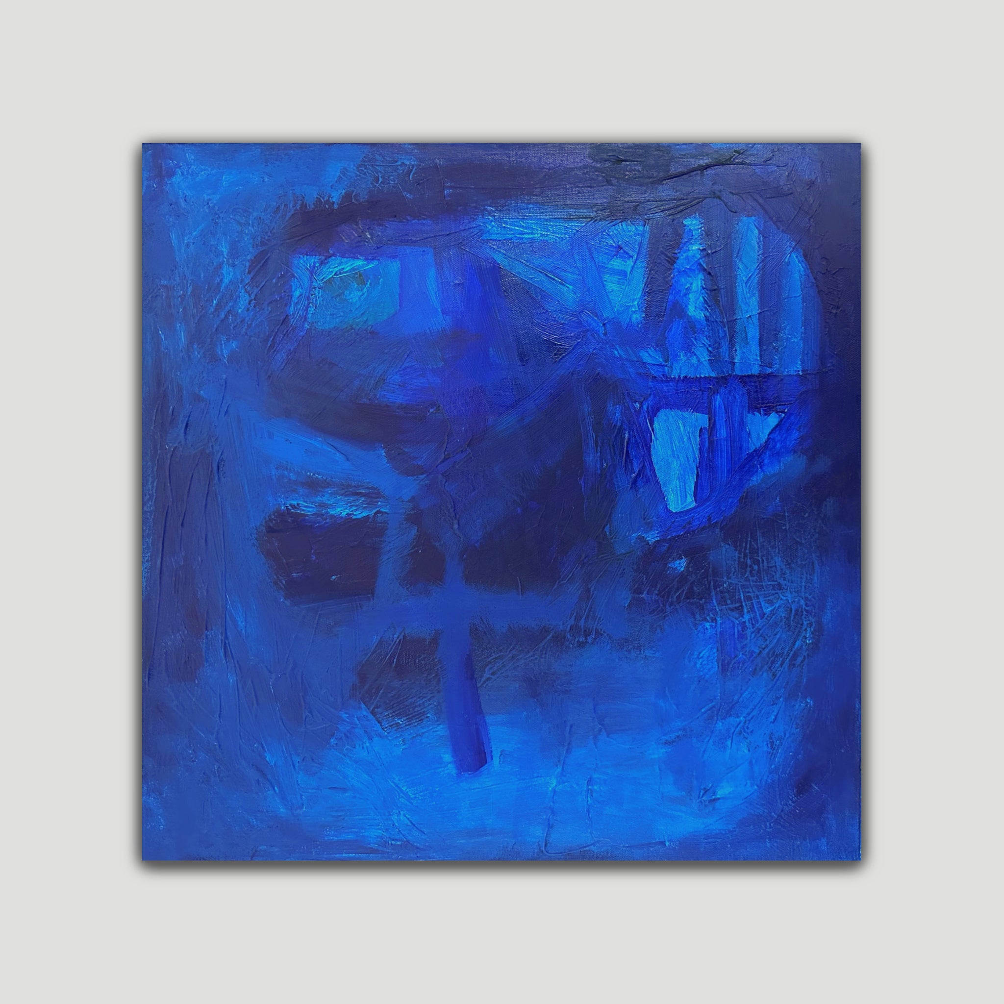 Square blue abstract expressionist painting 'Beyond The Blue' that speaks to emotion, depression and happiness - front view