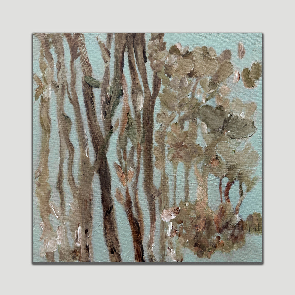 Abstract impressionist painting of the Australian bush landscape Bush Ballad by artist Kylie Sams in duck egg blue, brown and olive green tones.