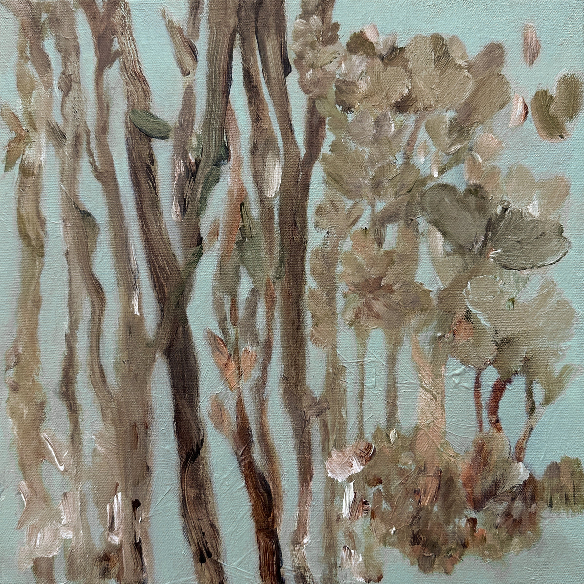An impressionistic painting of trees with vertical trunks and leafy canopies rendered in earthy browns, beige, and muted green tones against a pale blue background.