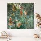 Gestural contemporary abstract painting in green hanging on wall in neutral interior