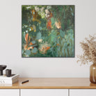 Expressive abstract painting inspired by plants and trees hanging on wall in modern home
