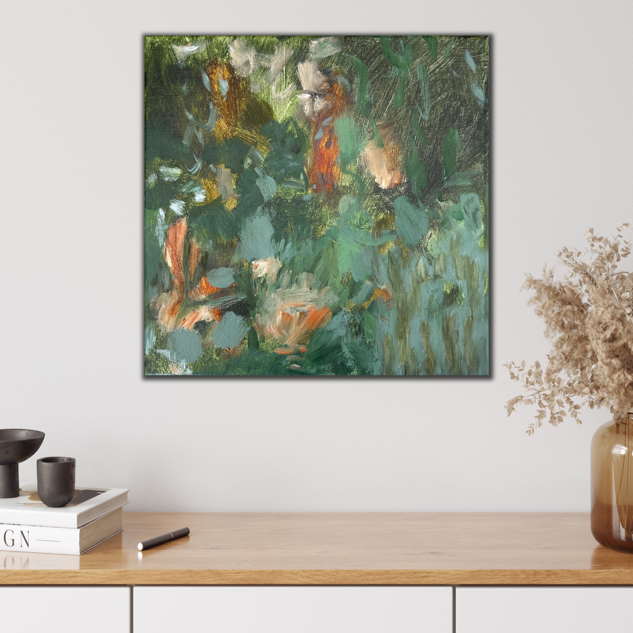 Expressive abstract painting inspired by plants and trees hanging on wall in modern home