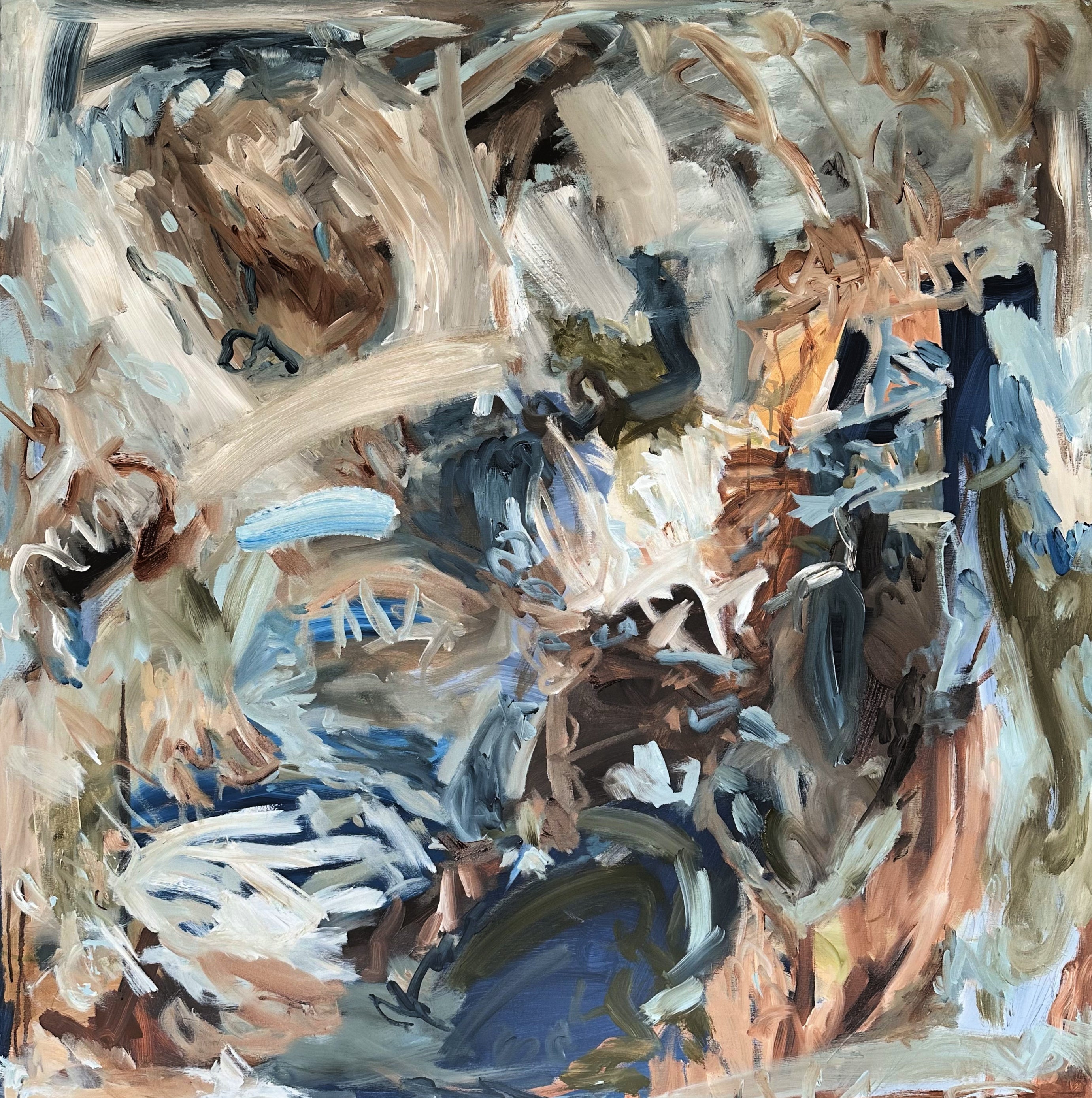 Expressive abstract painting "Call Of The Wild" in the colours of nature including blue, green, brown, beige and white - cropped front view 