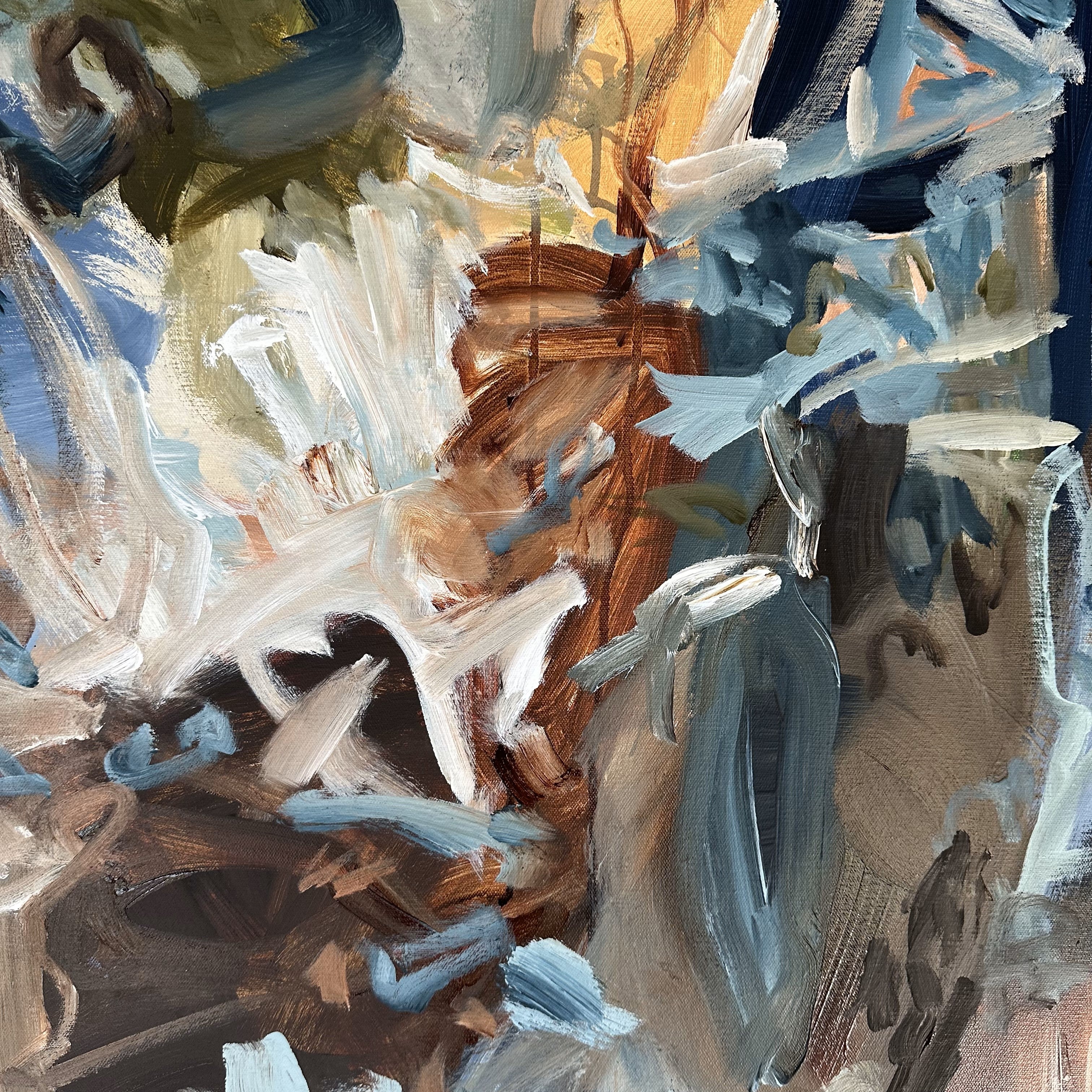 Close-up detail of gestural brushstrokes of abstract expressionist painting in natural, earthy colours