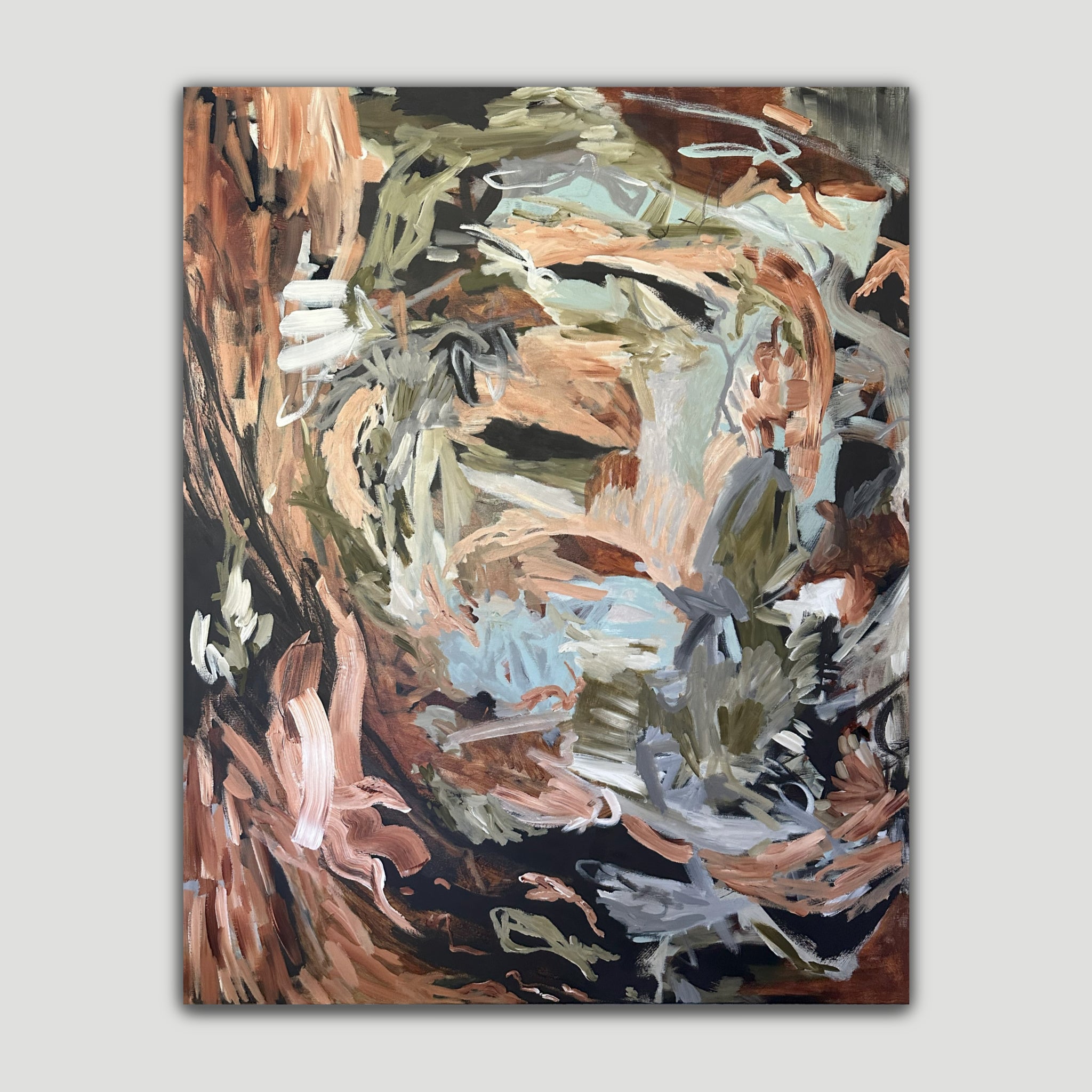 An abstract canvas painting featuring expressive, textured brushstrokes in black, earthy brown, beige, muted green, light blue, and charcoal grey.