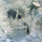 Close-up detail image of gestural abstract painting in navy blue, white, blue, grey and olive green with expressive brushstrokes and mark-making
