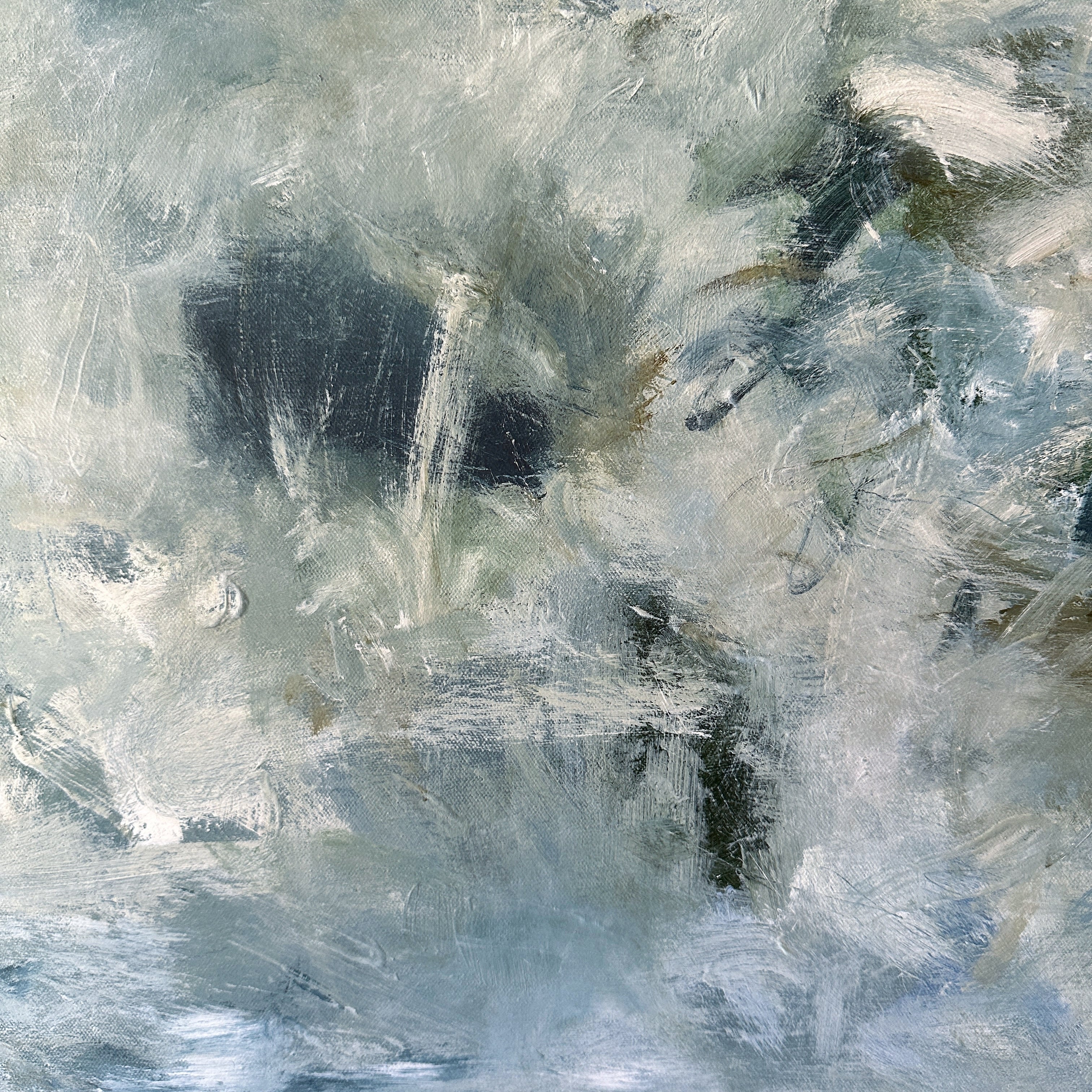 Close-up detail image of gestural abstract painting in navy blue, white, blue, grey and olive green with expressive brushstrokes and mark-making