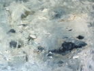 Calming abstract painting with expressive brushstrokes and layering  in navy blue, blue, white, grey and olive green 