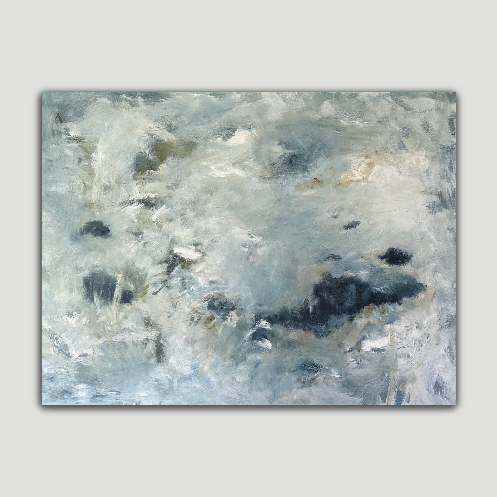 soothing abstract painting in navy blue, blue, grey, white and olive green - front view