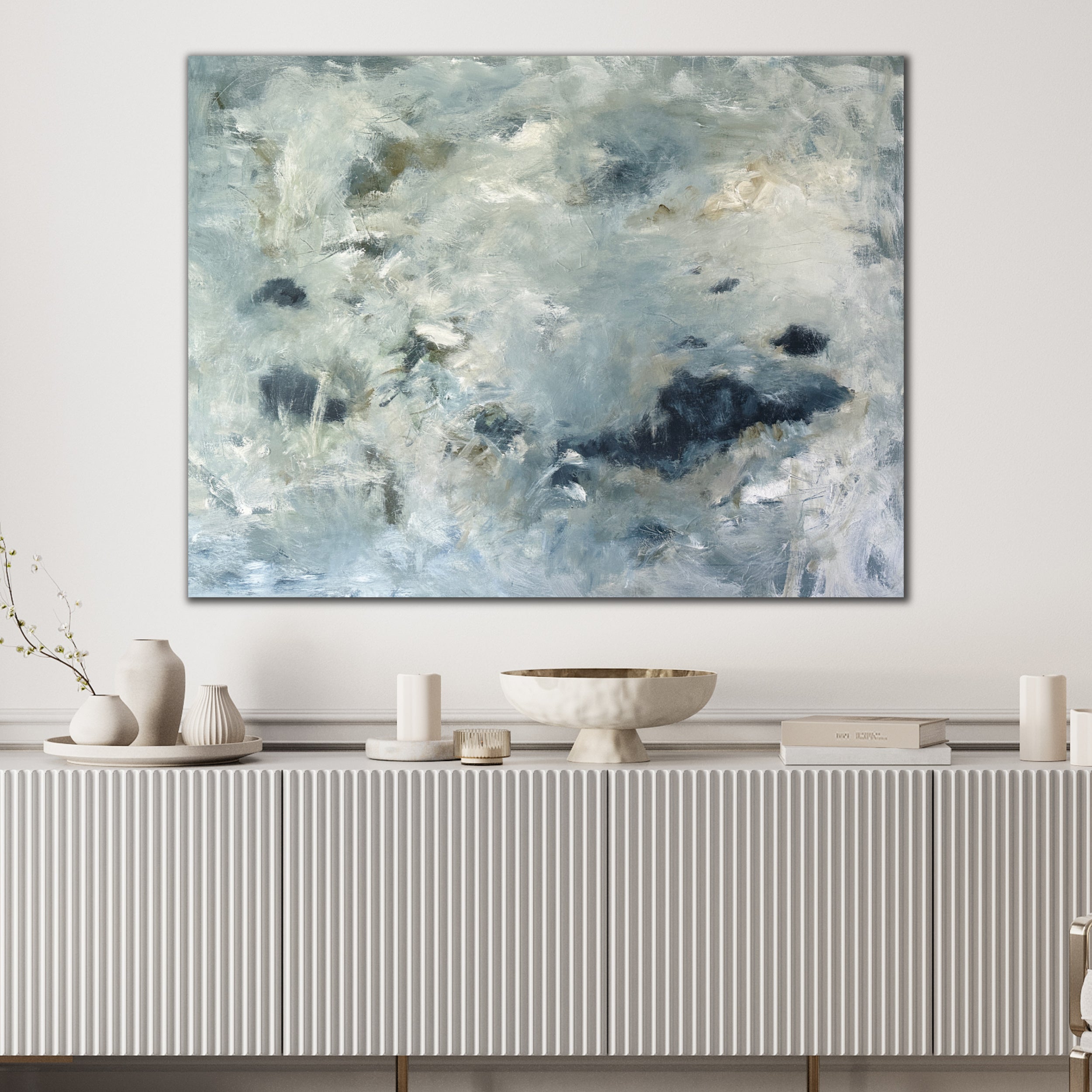 Contemporary painting in mid-size hanging in a modern interior setting 