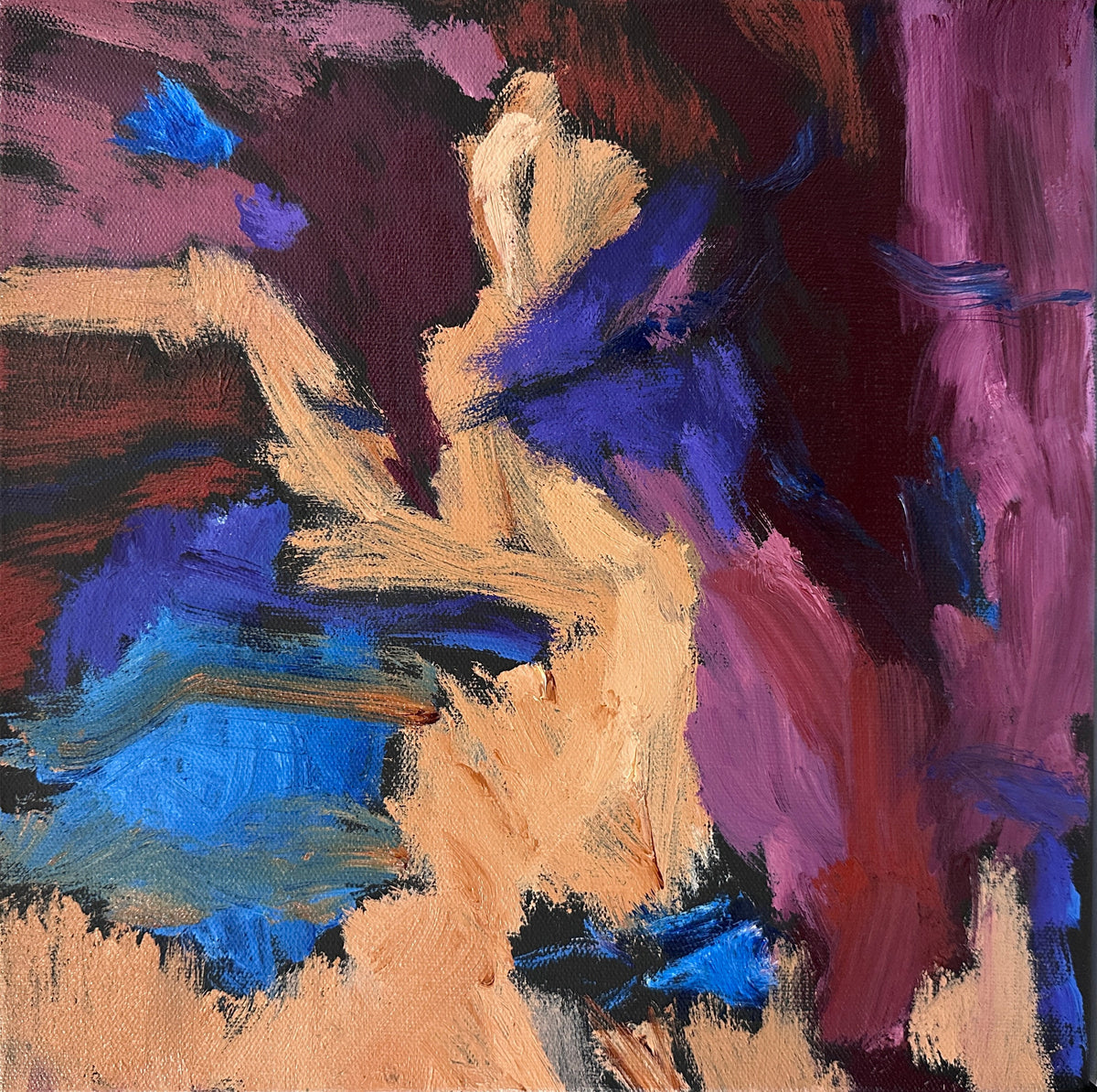Bold, abstract painting in expressive, gestural style in pink, purple, burgundy, blue, beige and black. 
