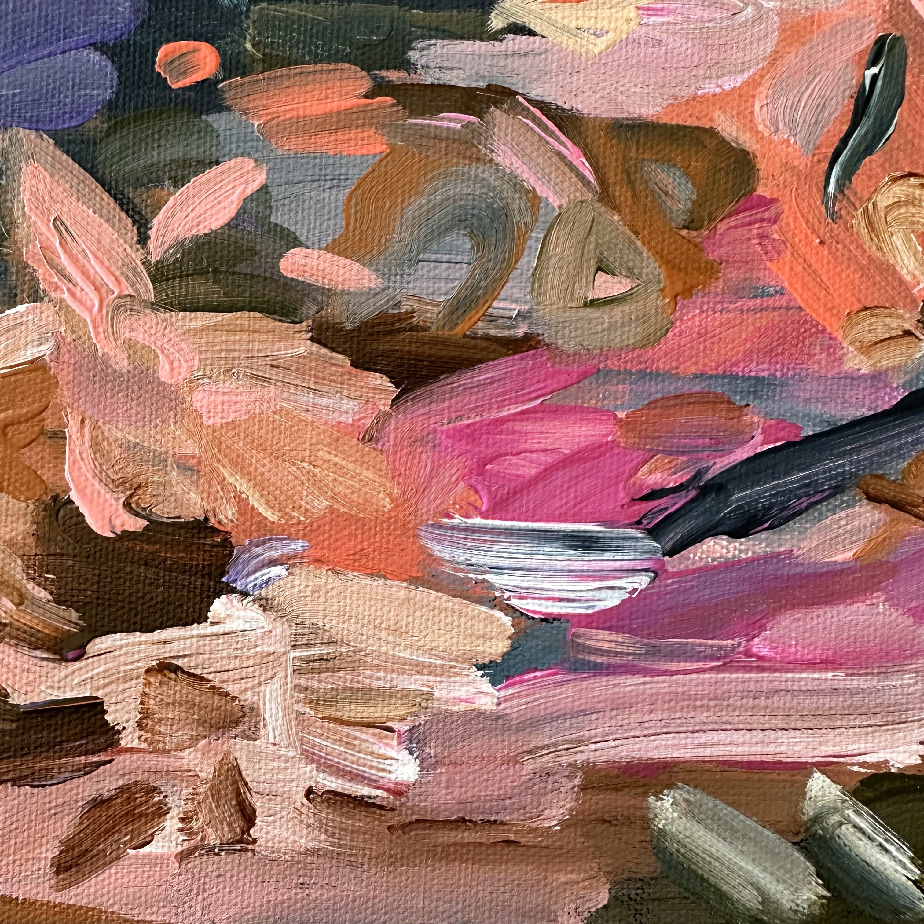 Close-up detail of brushstrokes and expressive mark making and texture of colourful abstract painting