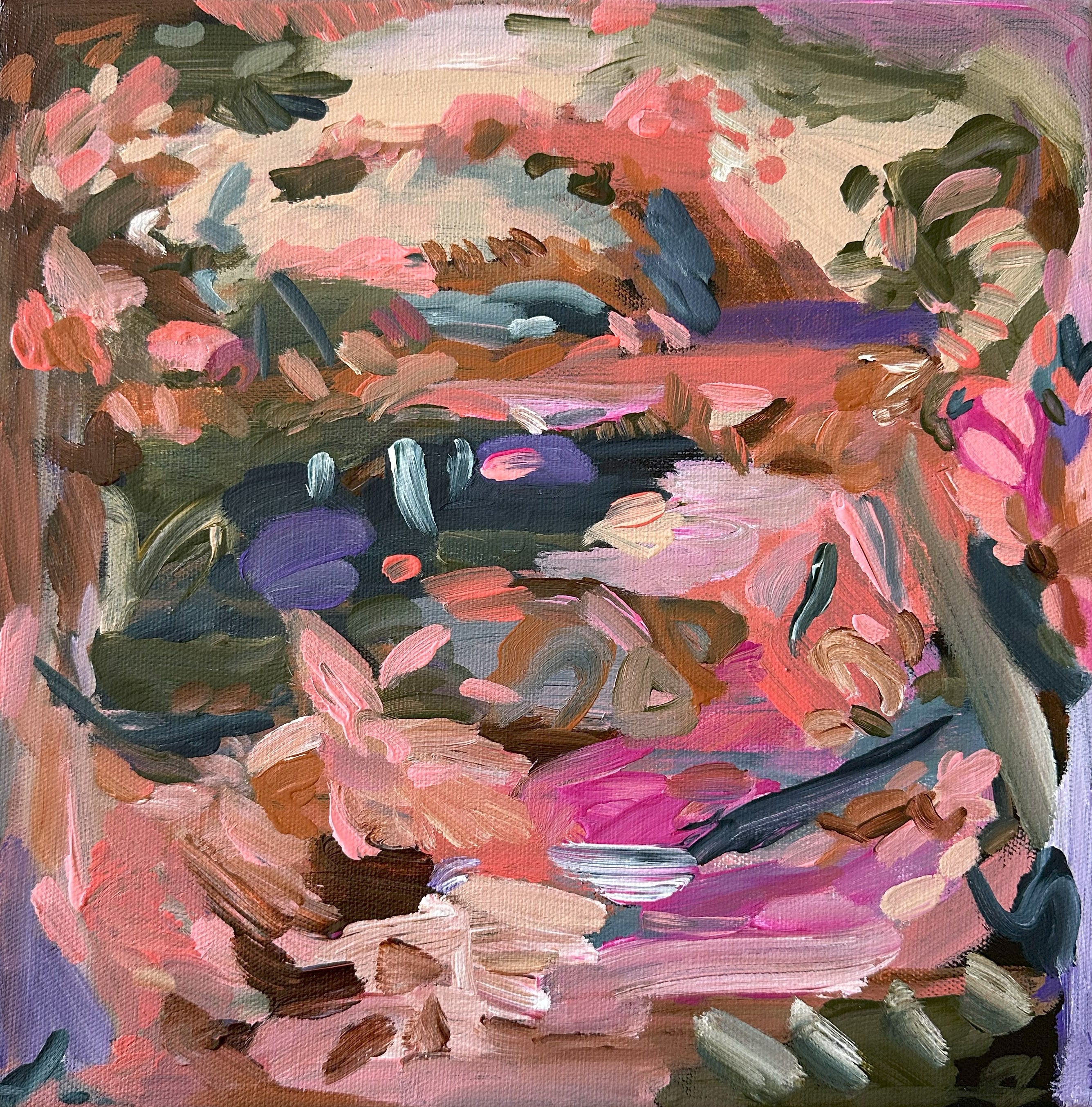 Vibrant abstract painting of an expressive landscape with gestural brushtsrokes in bright colours - cropped view of front