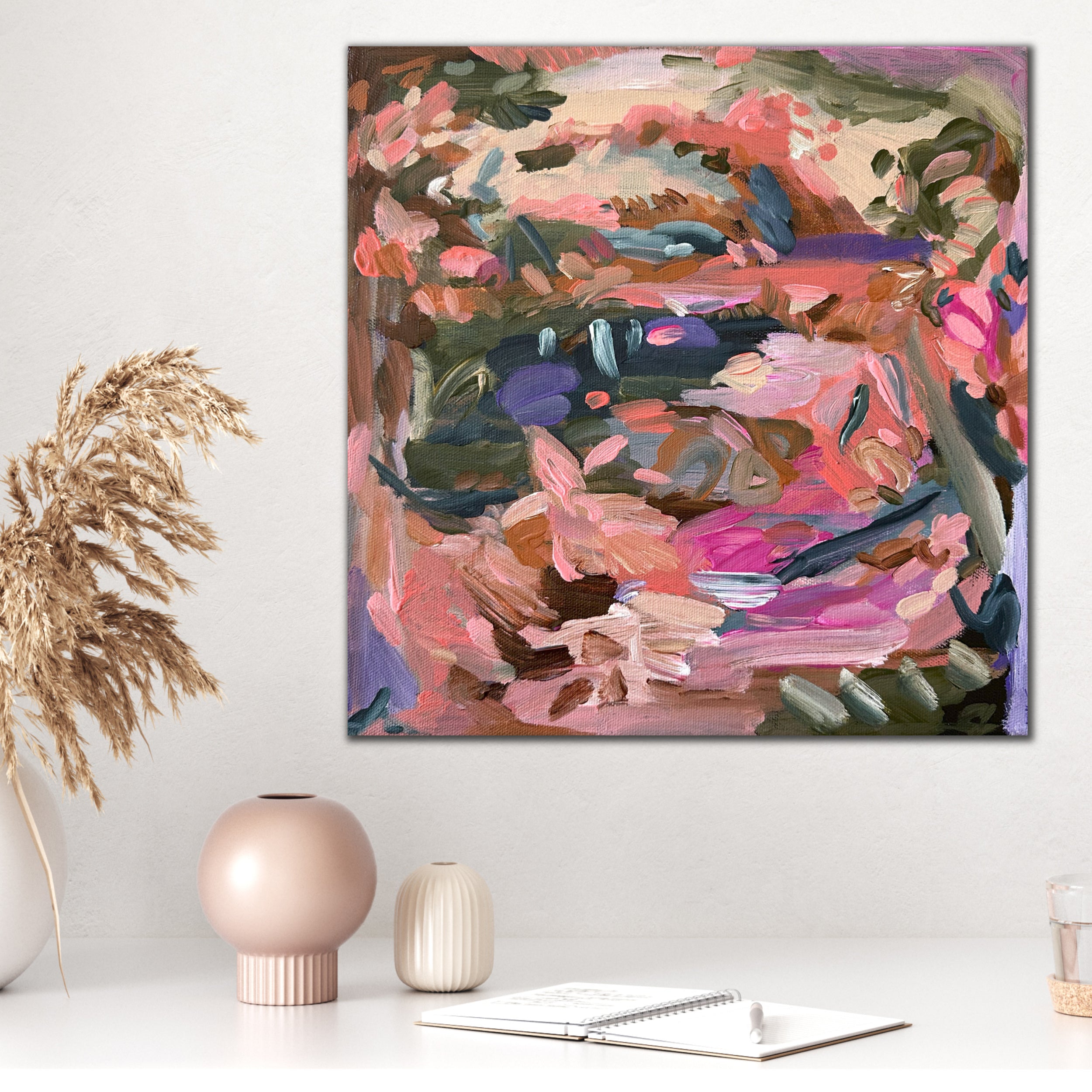 Square colourful abstract landscape painting of a beautiful place as in a vivid dream, hung on wall in modern home office