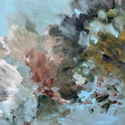 Close-up detail of gestural abstract painting in soft blue, olive green, khaki green, white and brown shades