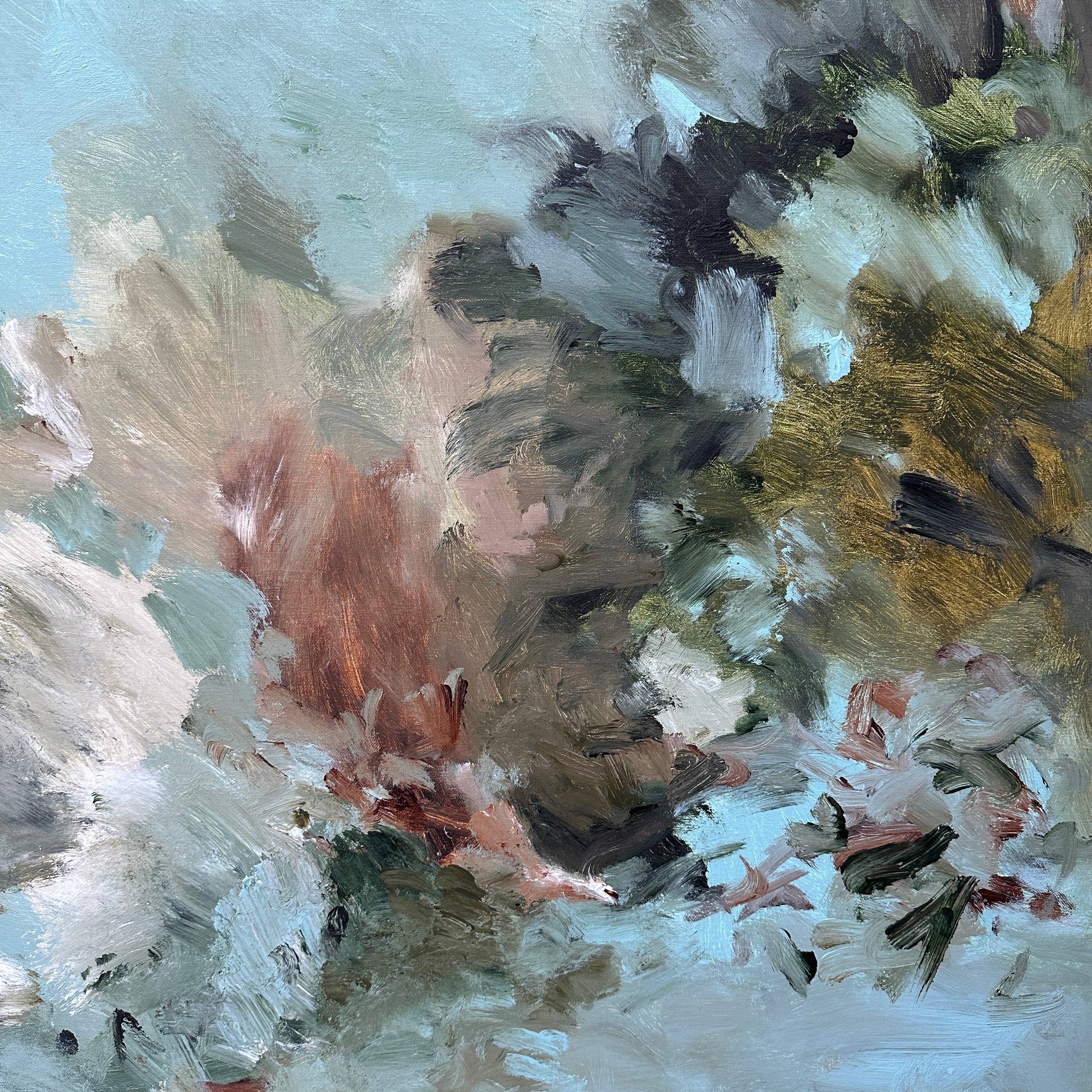 Close-up detail of gestural abstract painting in soft blue, olive green, khaki green, white and brown shades