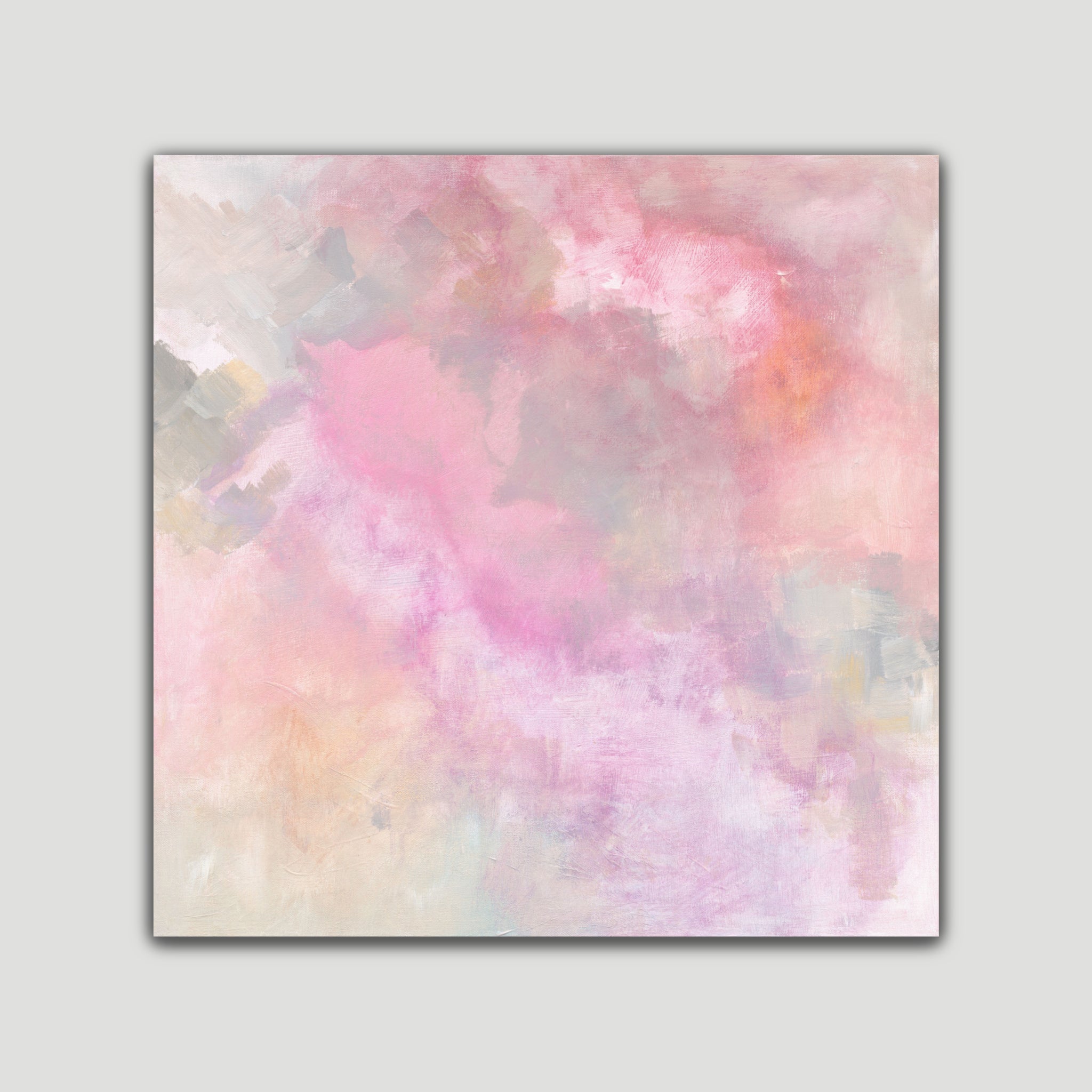 Mesmerising abstract painting in soft pink and mauve tones, that alludes to clouds or the sky - front view