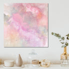 Soothing abstract painting "Ethereal 1" in soft pink and muted colours that alludes to magic, clouds or the sky - hanging in a modern, neutral home interior - insitu