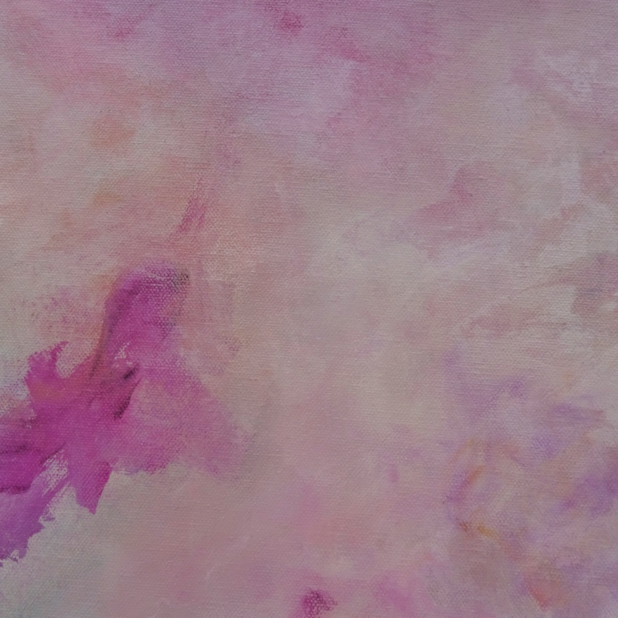 Abstract painting with soft brushstrokes and subtle blending of colours in pinks, magenta, white and peach tines - close-up detail