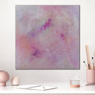 Square, pink abstract painting hanging on wall above desk in modern home office interior - insitu