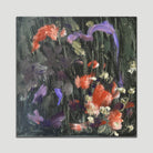 A square abstract painting 'Evermore' by Kylie Sams in an expressive style featuring rusty red, purple, black, and pale green on a background of black and dark green alluding to flowers and petals blowing in the breeze in nature. 