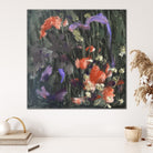 Abstract artwork in gestural, expressive painting style hanging on wall in home with decorative accessories in natural finishes. 