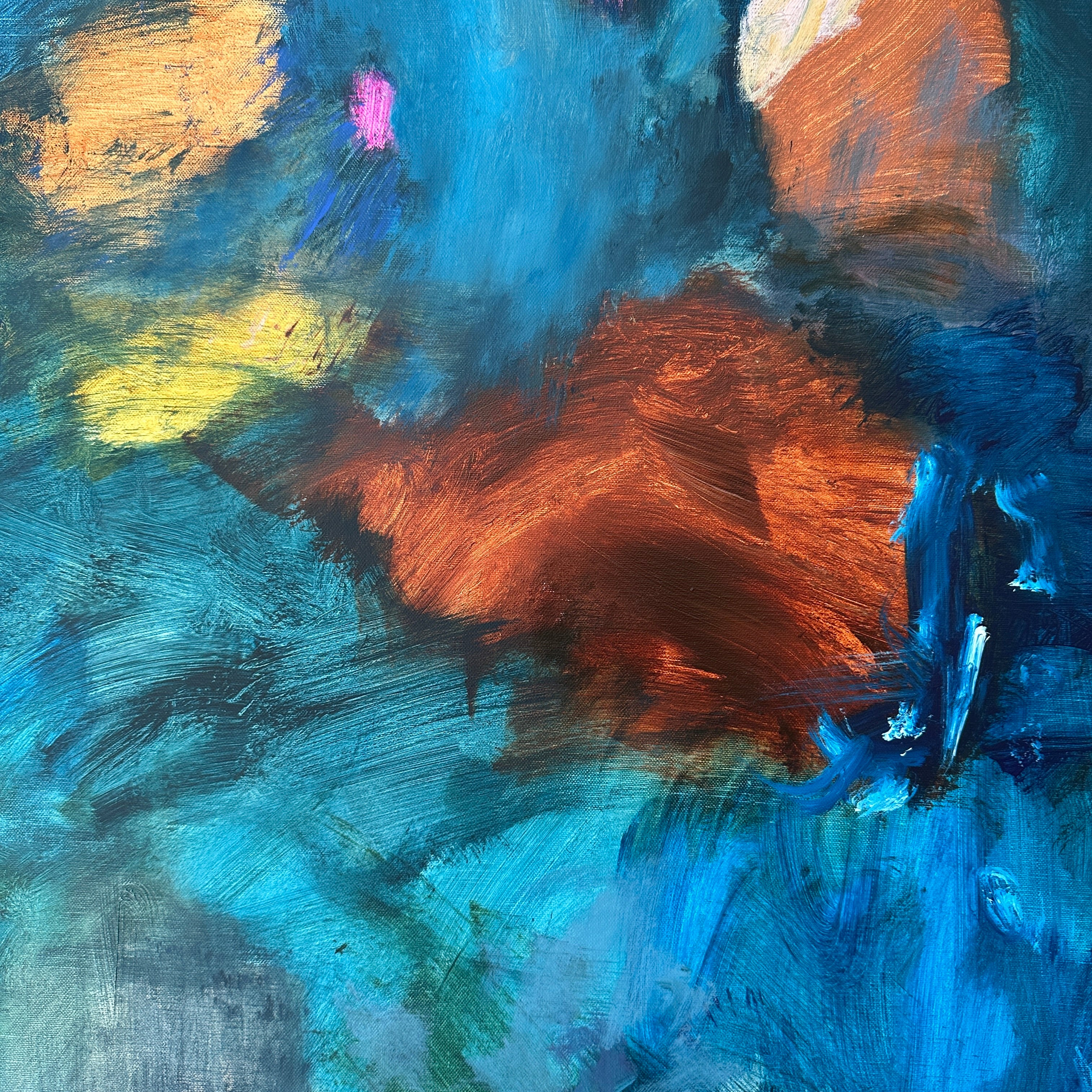 Close-up detail of abstract painting with a mix of blue, brown, and yellow colours