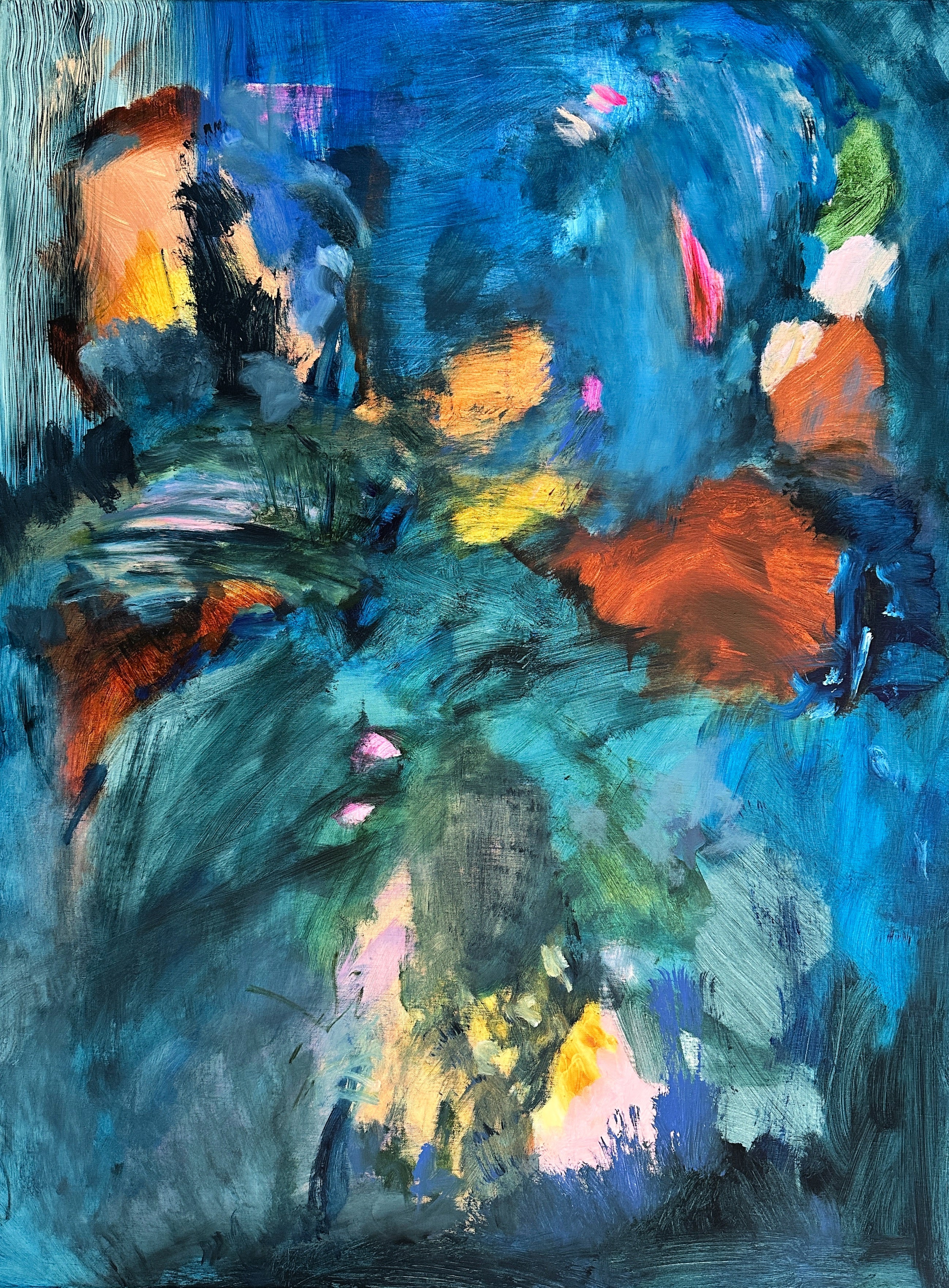 Contemporary abstract painting with expressive brushstrokes in blue, with accents in brown, yellow, green and pink - cropped front view