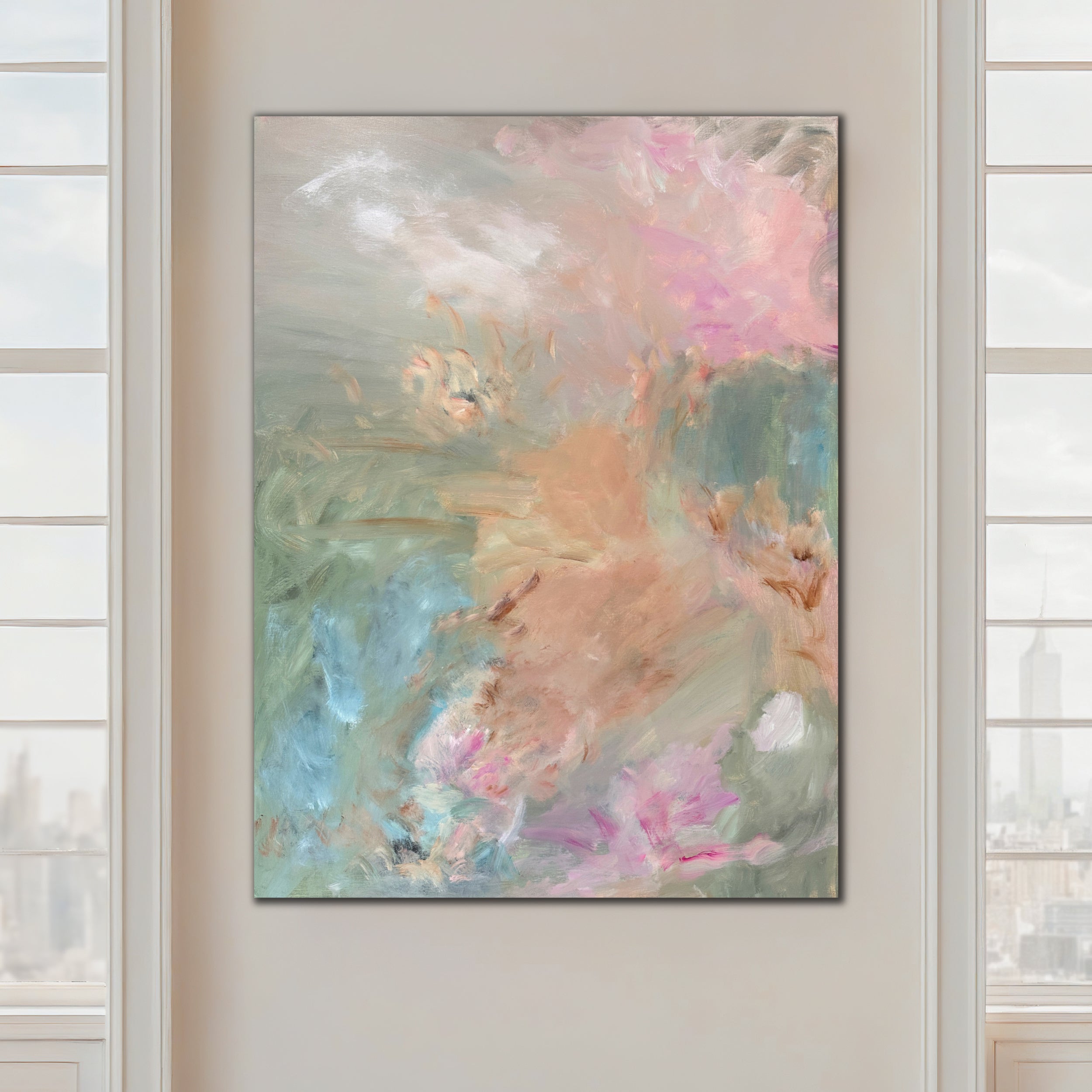 Pastel abstract painting "Exhale" with relaxing vibe and fairy floss colours hanging on wall in modern loft apartment 