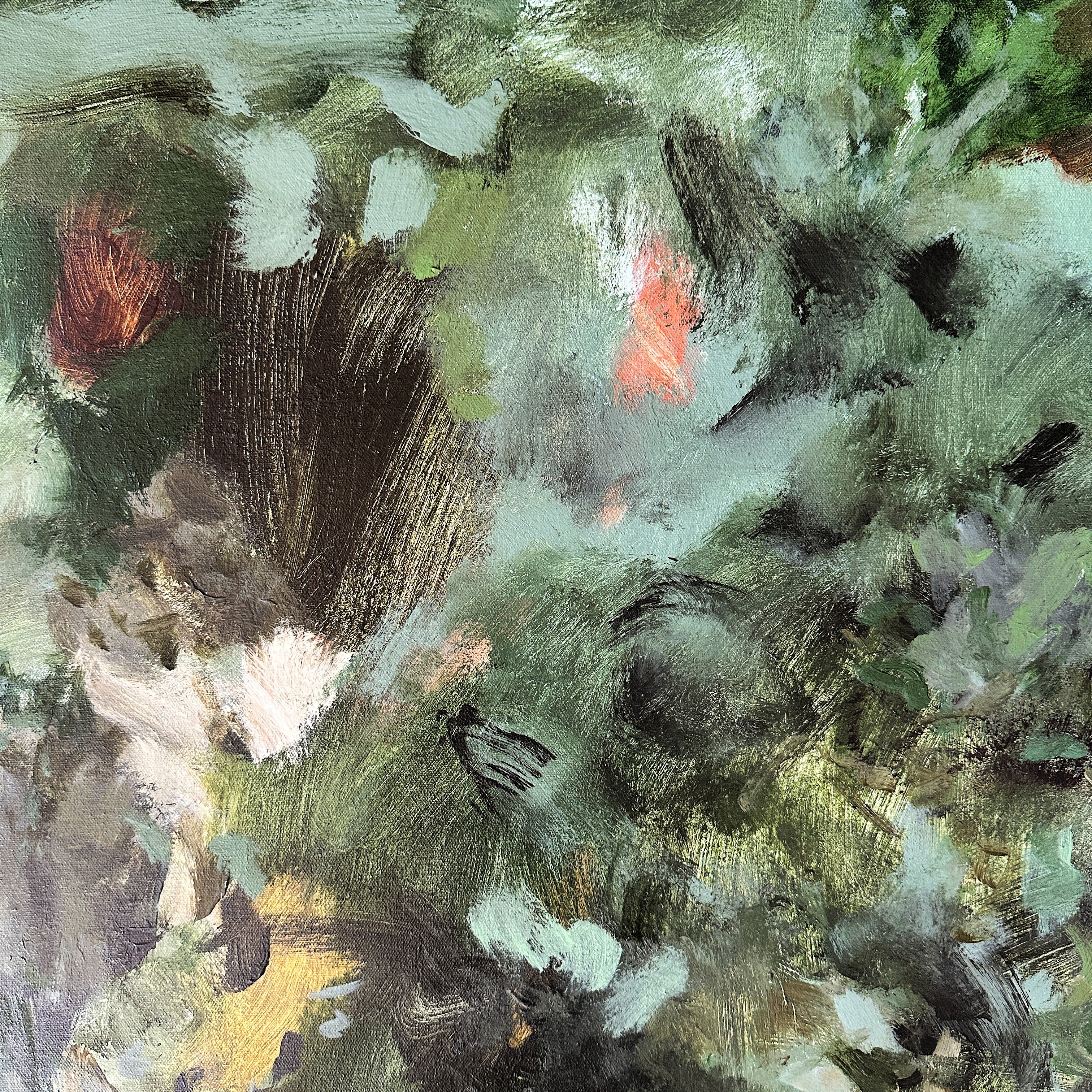 Close-up detail of abstract painting with green and brown tones