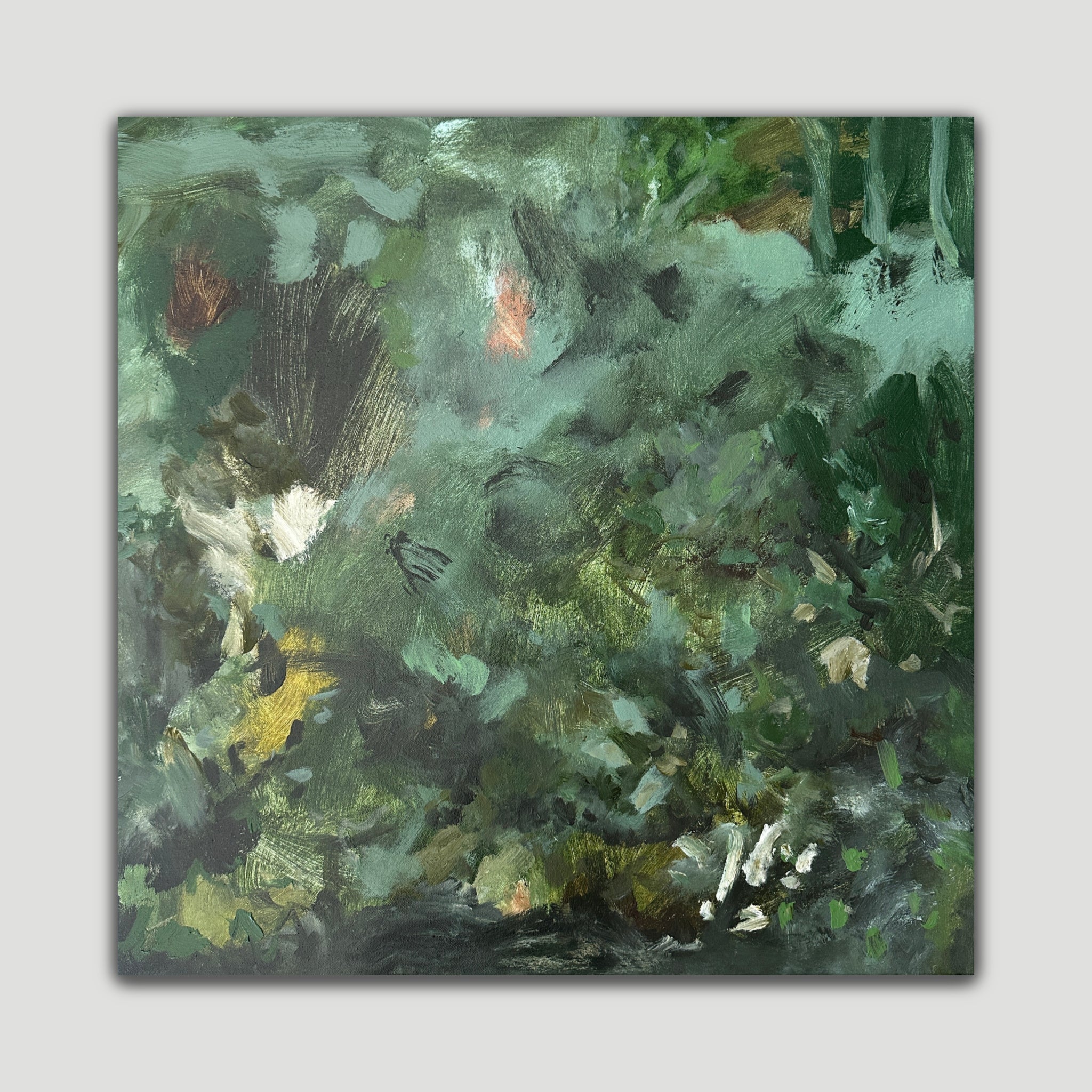 Nature-inspired abstract painting with layered depth and expressive style
