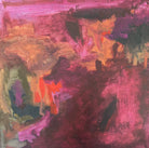 Square abstract painting in abstract expressionist style in warm colours including burgundy, amber, magenta and olive green - front view