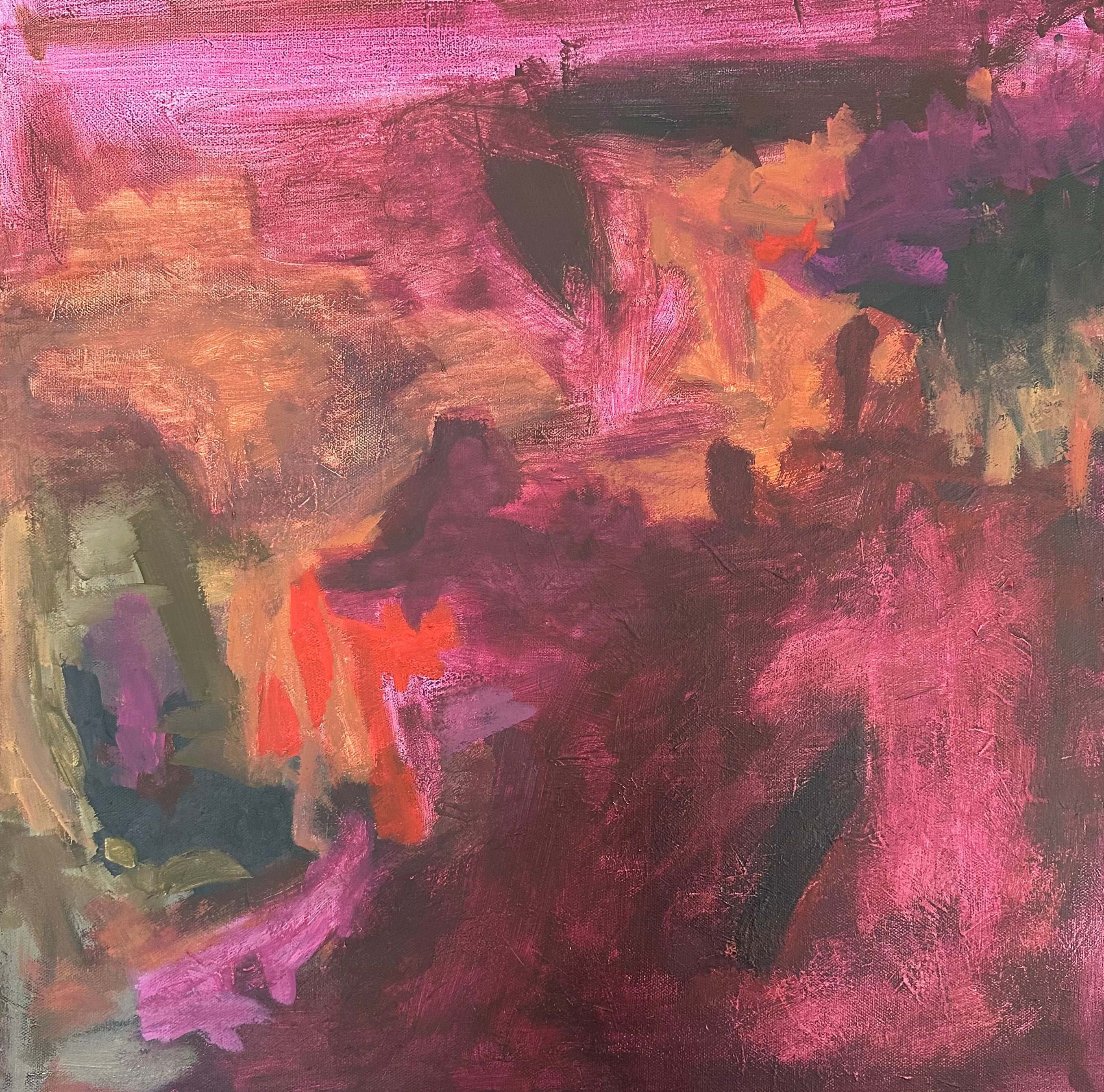 Square abstract painting in abstract expressionist style in warm colours including burgundy, amber, magenta and olive green - front view