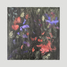 A square abstract painting 'Forever and Always' by Kylie Sams in an expressive style featuring rusty red, purple, black, and pale green on a background of black and dark green alluding to flowers and petals blowing in the breeze in nature.