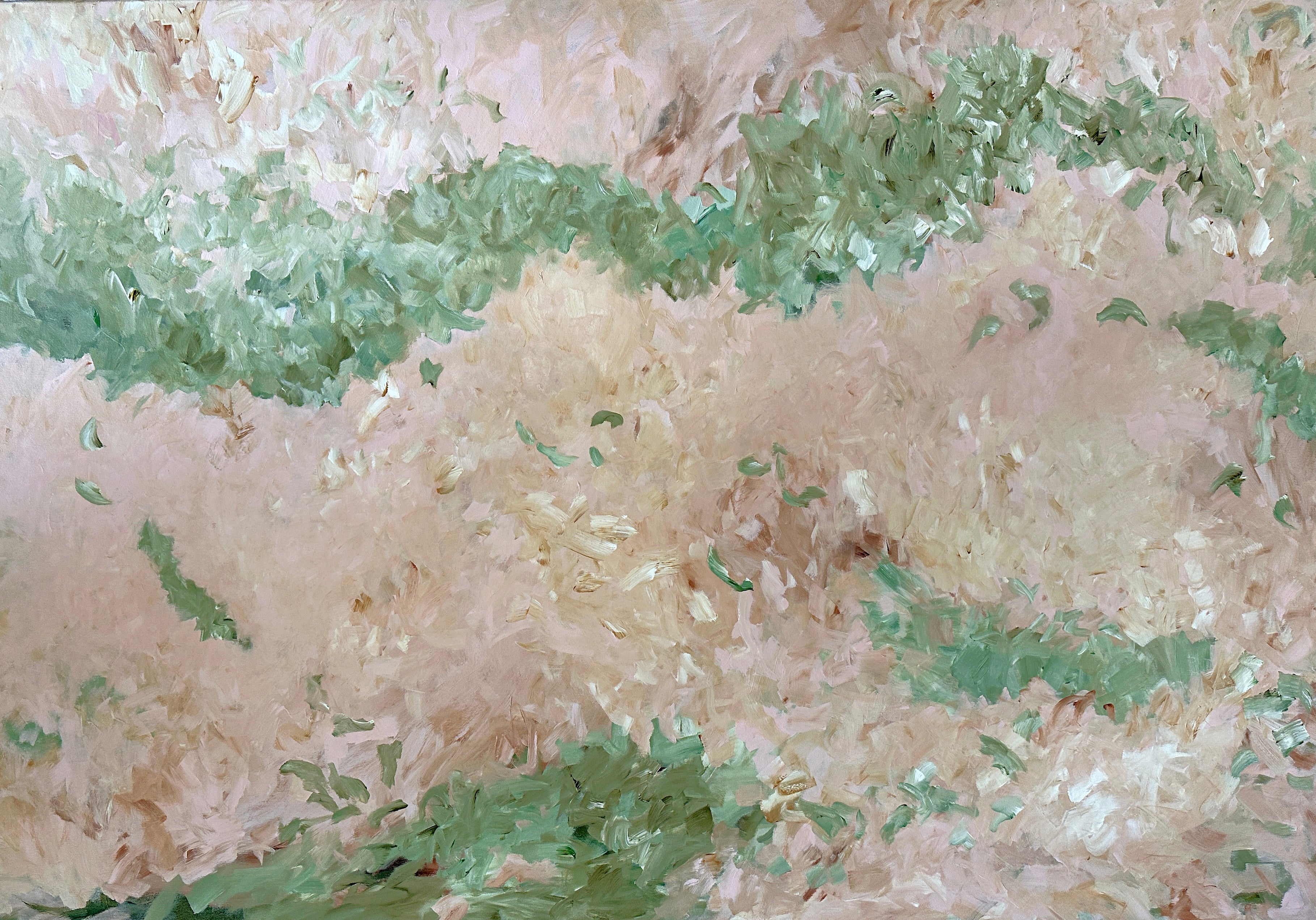 Soothing abstract artwork in earthy tones of green, blush pink, beige, brown and white – cropped front view