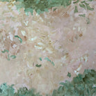 Close up detail of gestural abstract painting in green, beige, pink and apricot tones