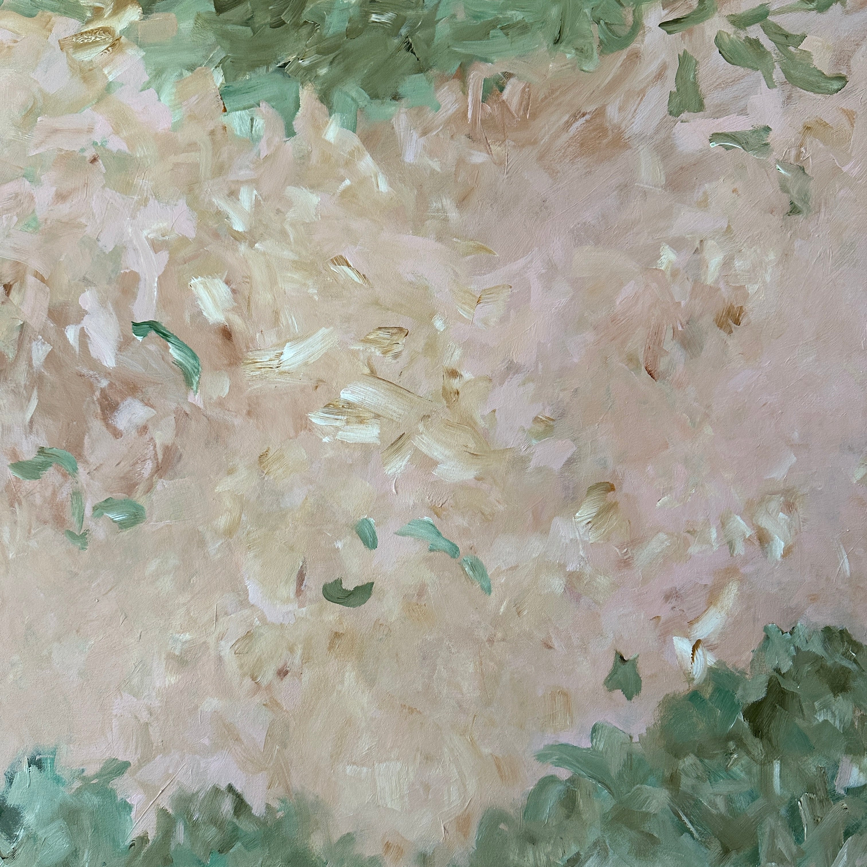 Close up detail of gestural abstract painting in green, beige, pink and apricot tones