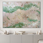 Large, green and pink abstract painting on canvas with gestural brushstrokes in modern white interior