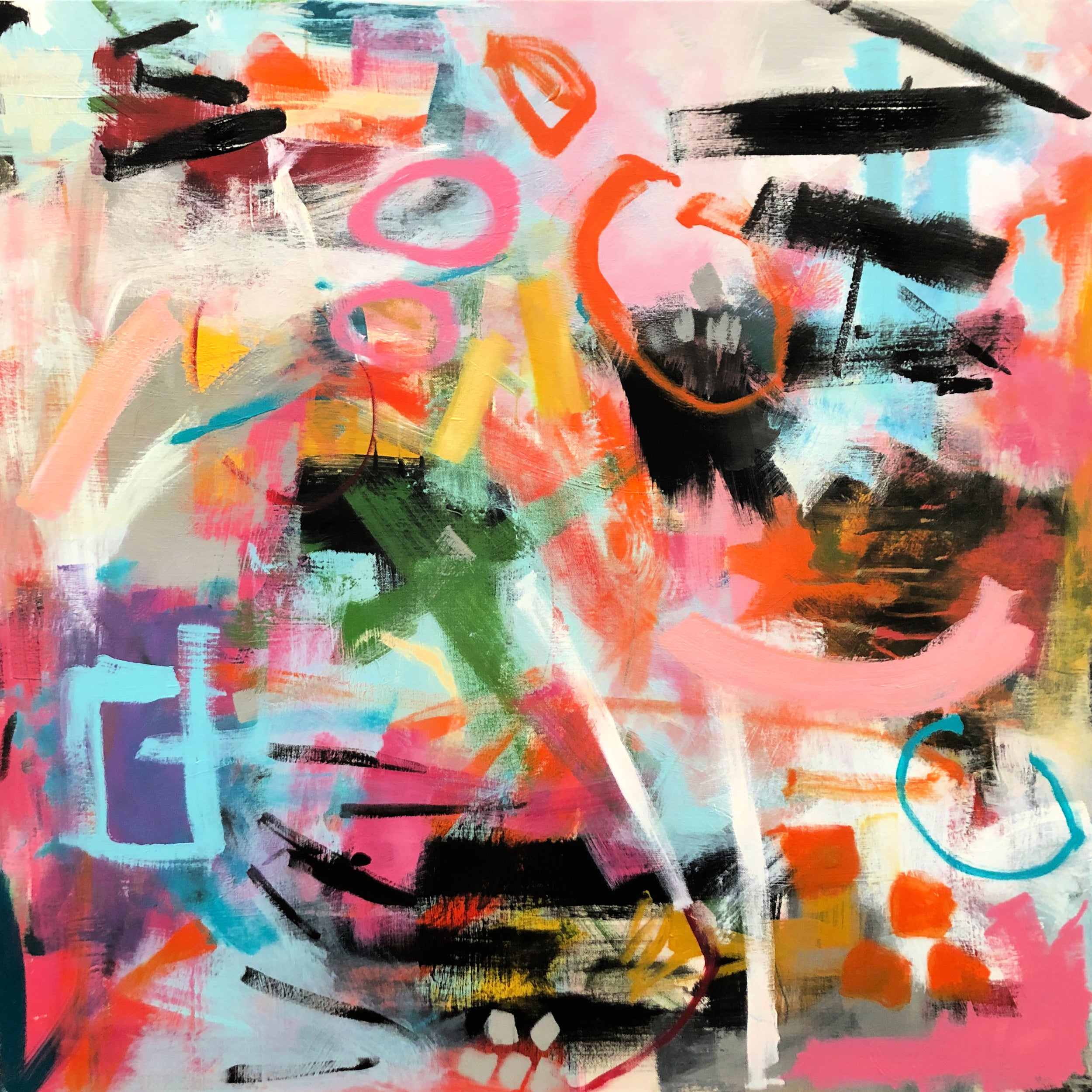 Wild and fun abstract painting in modern abstract expressionist style in bright colours – cropped front view
