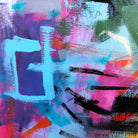 Close-up detail of contemporary, multi-colour abstract painting on canvas with expressive brushstrokes